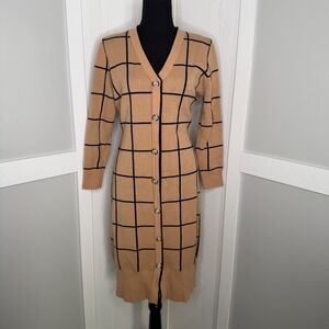 Alison Andrews Cardigan Dress Women Large Tan Black Windowpane GS54384